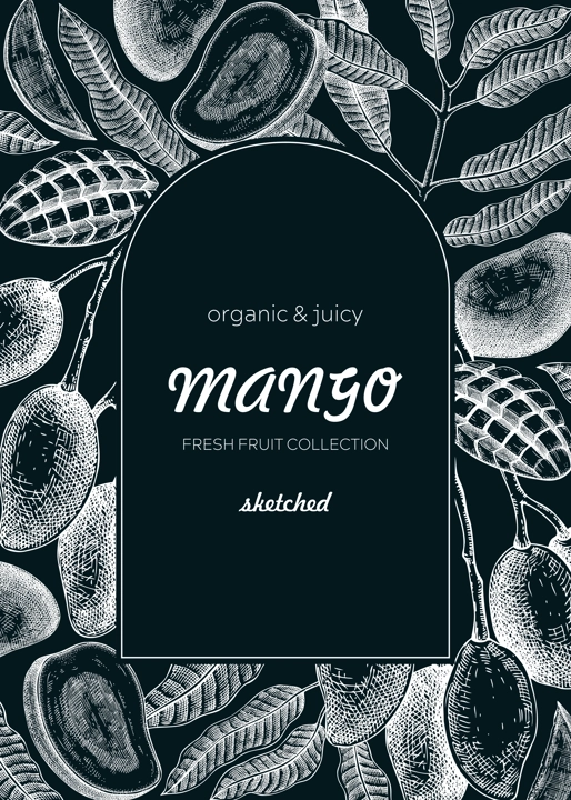 Fruit design template on chalkboard. Realistic mango hand-drawn vector illustration. Exotic fruit, mango tree branches, leaves sketches. Vintage frame, packaging, Healthy food. Summer design element
